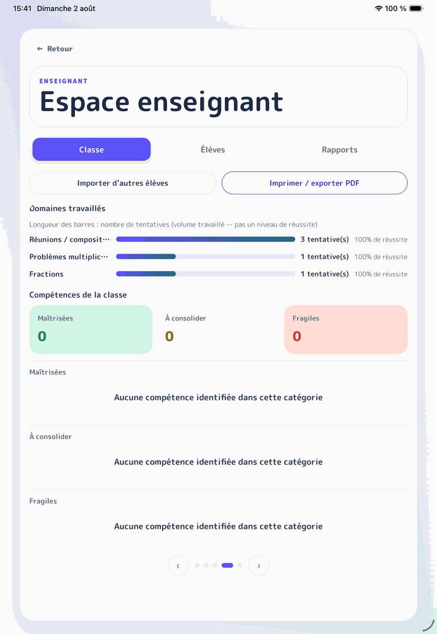 Espace enseignant sur iPad affichant le suivi de progression de la classe
