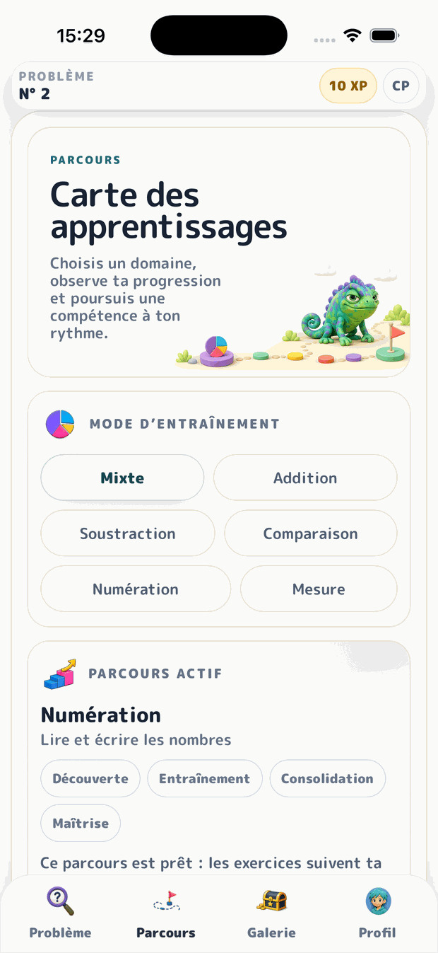 Parcours de progression par compétences dans l'application Quiliko sur iPhone